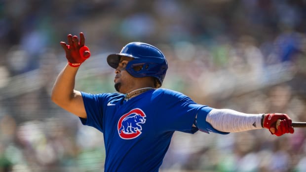 Mar 17, 2023; Phoenix, Arizona, USA; Chicago Cubs outfielder Christopher Morel hits a double against the Chicago White Sox during a spring training game at Camelback Ranch-Glendale. Mandatory Credit: Mark J. Rebilas-USA TODAY Sports